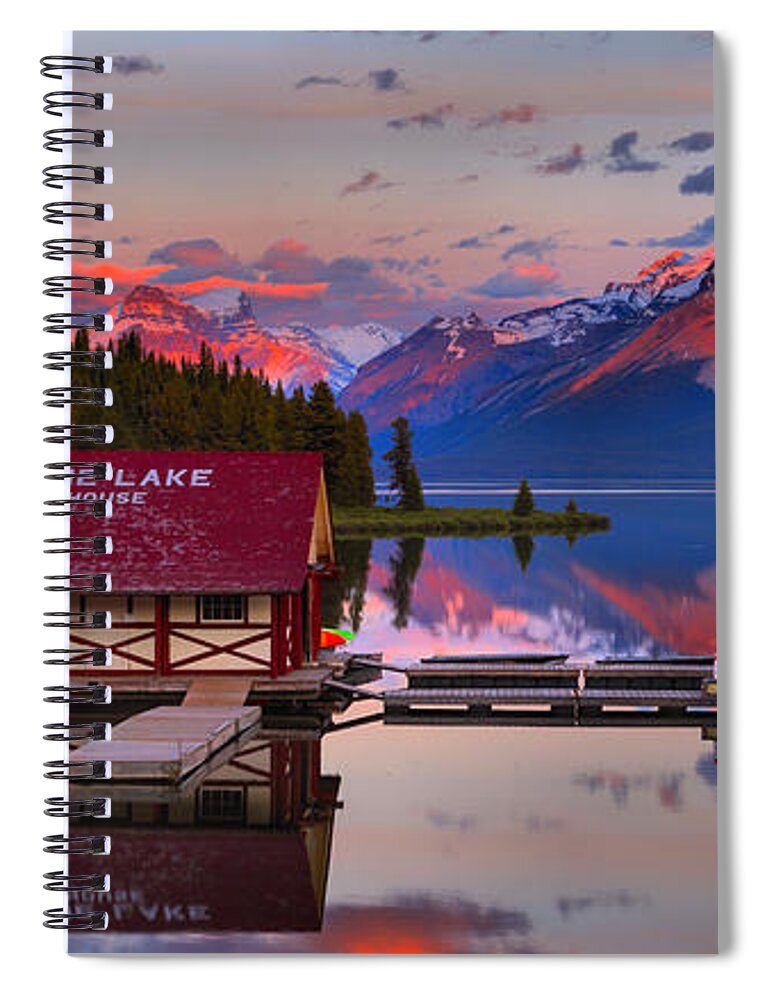 Maligne Lake Spiral Notebook featuring the photograph Maligne Lake Reflection Sunset Panorama Crop by Adam Jewell