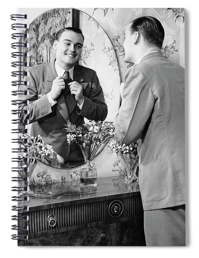 Three Quarter Length Spiral Notebook featuring the photograph Man Checking Himself Out In Mirror by George Marks