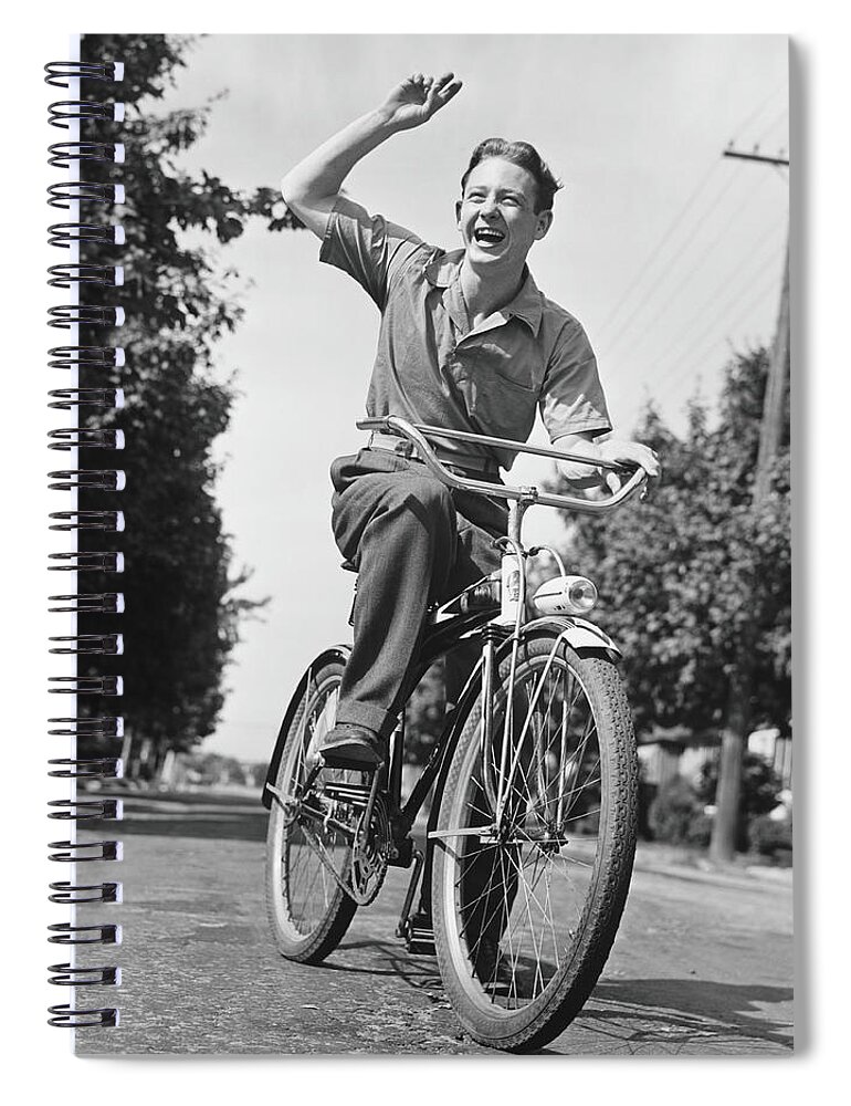 Young Men Spiral Notebook featuring the photograph Man Riding Bicycle, Waving, B&w by George Marks