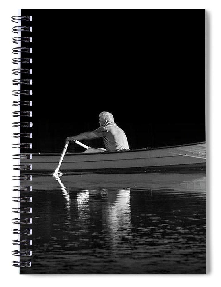 Oarsman Spiral Notebook featuring the photograph Man rowing on Stoney Lake at Sunrise in Black and White by Randall Nyhof