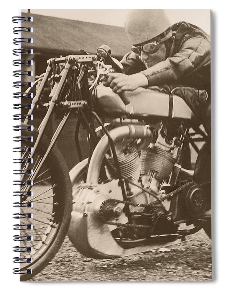 Crash Helmet Spiral Notebook featuring the photograph Man Sitting On Vintage Motorcycle B&w by Fpg
