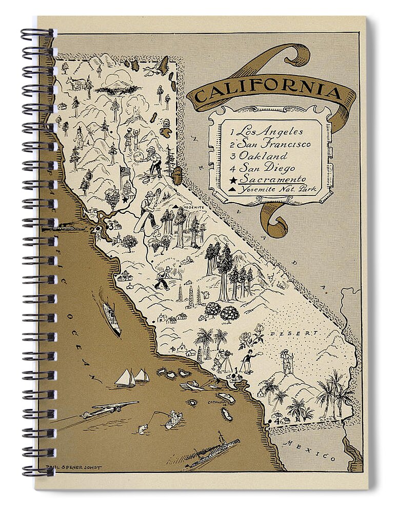 Vintage Map Of California Spiral Notebook featuring the photograph Map Of California 1930 by Andrew Fare