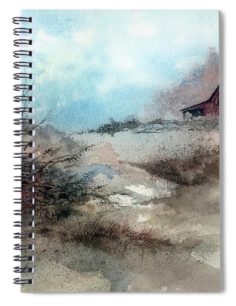A Old Barn In The Fields Of Late Winter. Spiral Notebook featuring the painting March Fields by Monte Toon