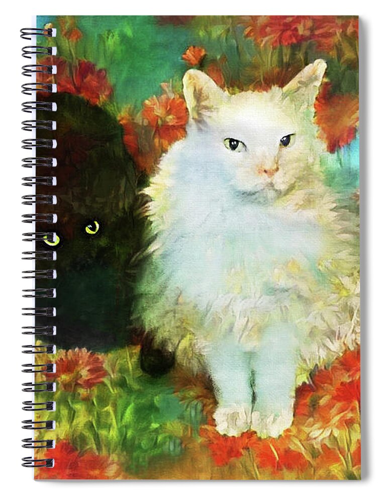 Black Cat Spiral Notebook featuring the digital art McCartney and Silky in the Garden by Peggy Collins