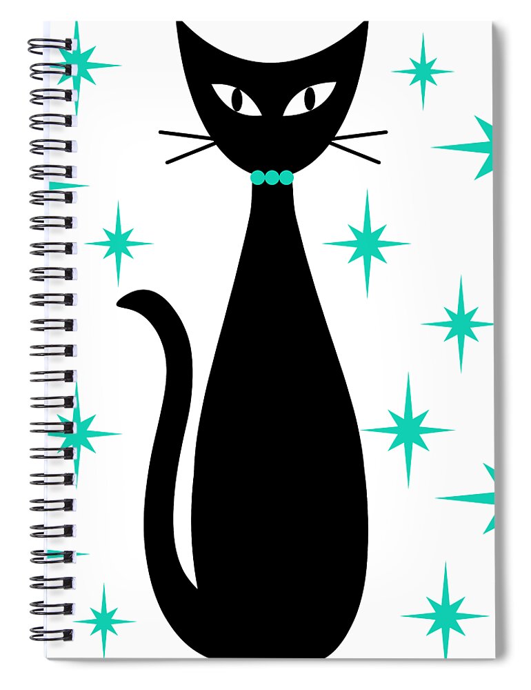 Mid Century Modern Spiral Notebook featuring the digital art Mid Century Cat with Aqua Starbursts by Donna Mibus