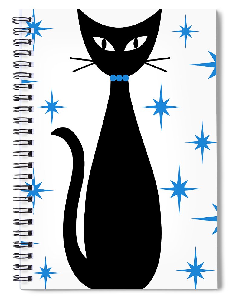 Mid Century Modern Spiral Notebook featuring the digital art Mid Century Cat with Blue Starbursts by Donna Mibus