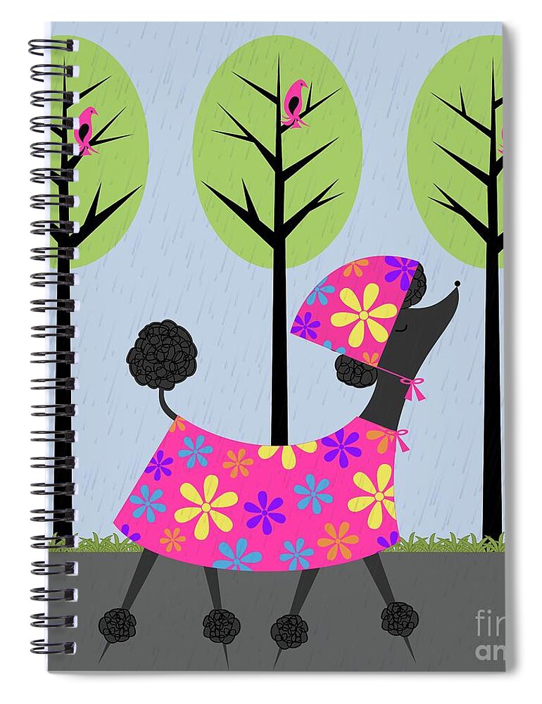 Mid Century Modern Spiral Notebook featuring the digital art Mid Century Modern Black Poodle Spring by Donna Mibus
