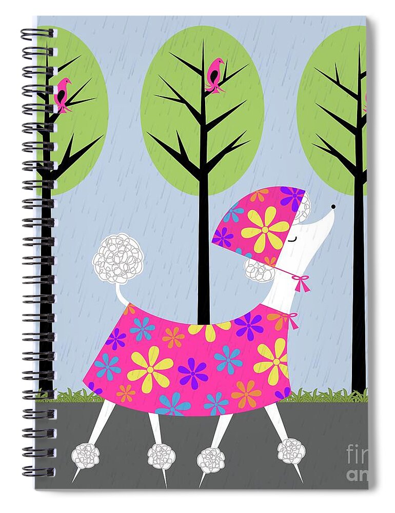 Mid Century Modern Spiral Notebook featuring the digital art Mid Century White Poodle Spring by Donna Mibus