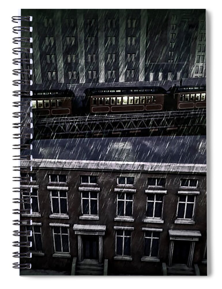 Black And White Urban Photograph With Train In Rain Spiral Notebook featuring the photograph Midnight Train by Joan Reese