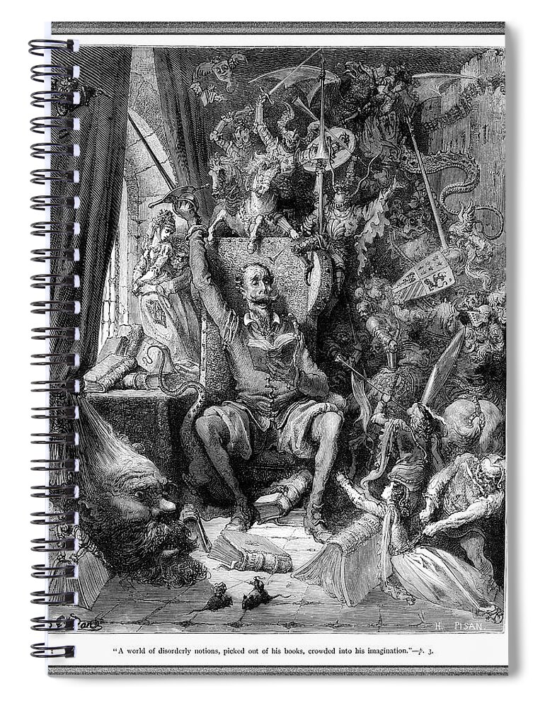 Don Quixote Spiral Notebook featuring the painting Miguel de Cervantes Don Quixote by Gustave Dore by Rolando Burbon