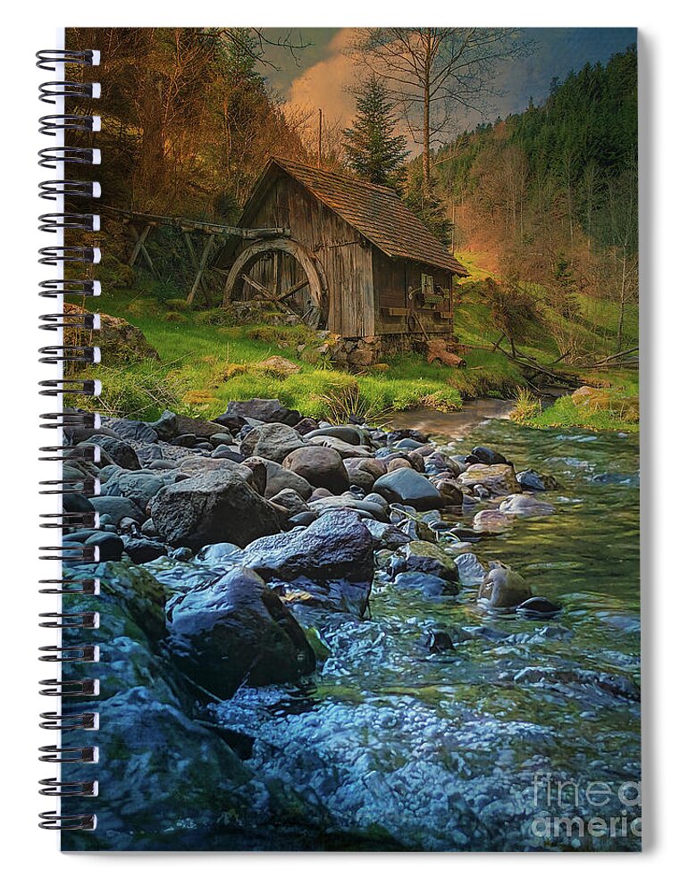 Mill Spiral Notebook featuring the digital art Mill at Sunset by Kathy Kelly