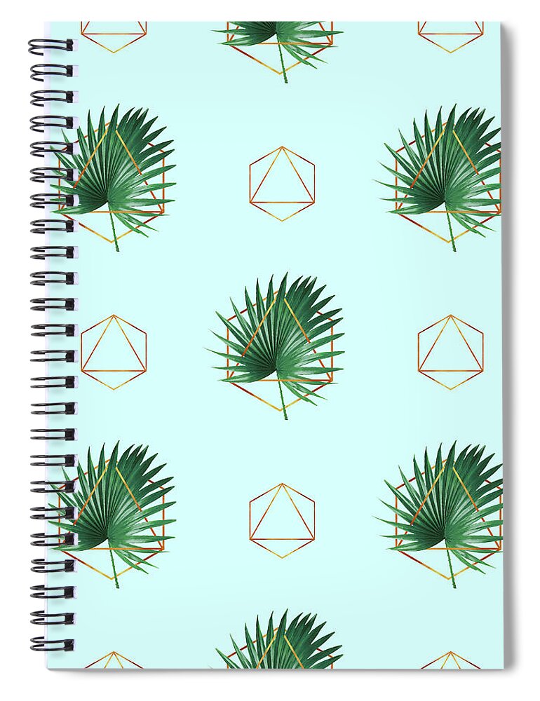 Tropical Palm Leaf Spiral Notebook featuring the mixed media Minimal Tropical Palm Leaf - Palm and Gold - Gold Geometric Pattern 3 - Modern Tropical Wall Art by Studio Grafiikka