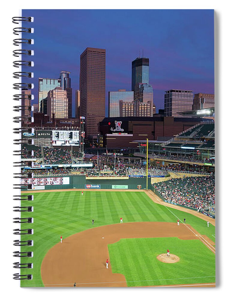 Downtown Minneapolis Skyline Spiral Notebook featuring the photograph Minneapolis skyline from Target Field by Jim Schmidt MN