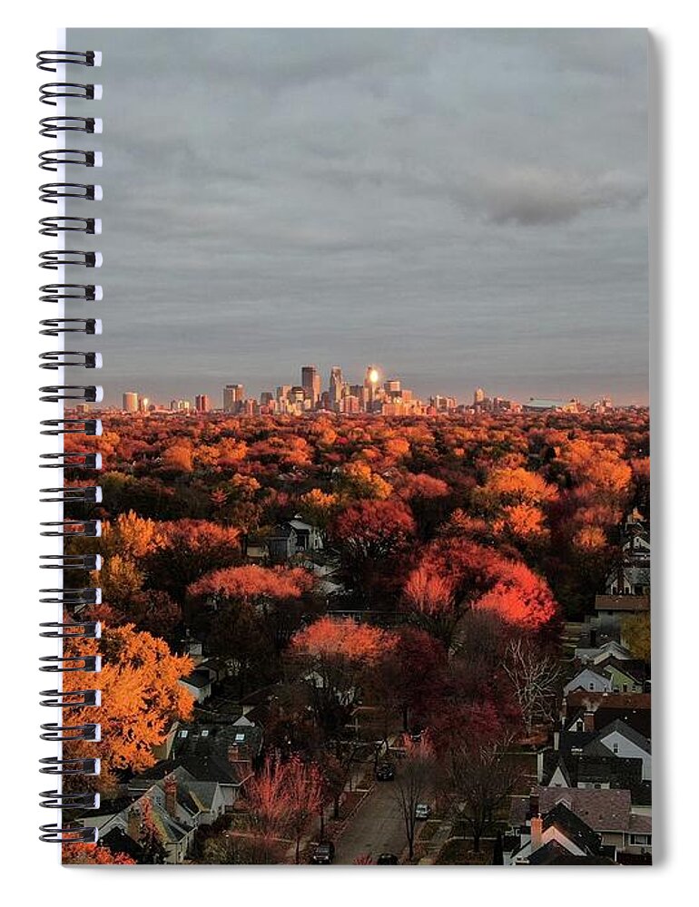 Minneapolis Sunrise Aerial Spiral Notebook featuring the photograph Minneapolis Sunrise in October by Glenn Galen