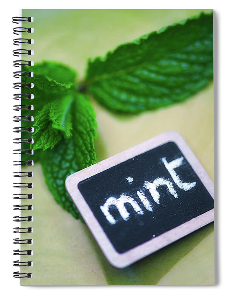Fragility Spiral Notebook featuring the photograph Mint Sprig And Slate Label With Mint by Alexandre Fp