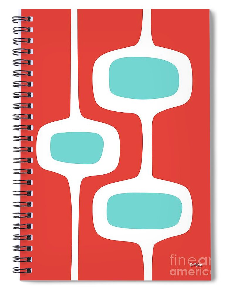 Mid Century Modern Spiral Notebook featuring the digital art Mod Pod 2 Turquoise on Red by Donna Mibus