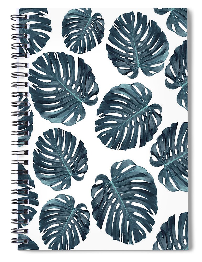 Monstera Spiral Notebook featuring the mixed media Monstera Leaf Pattern - Tropical Leaf Pattern - Blue - Tropical, Botanical - Modern, Minimal Decor 1 by Studio Grafiikka