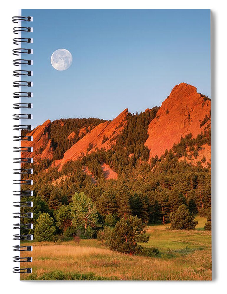 Boulder Spiral Notebook featuring the photograph Moonset over the Flatirons by Darren White