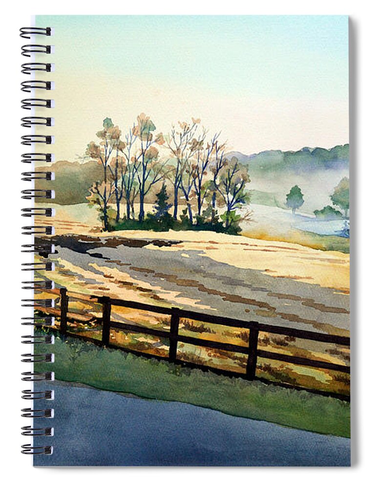#landscape #watercolor #painting #farm #farmlife #watercolorpainting #morning #country #rural Spiral Notebook featuring the painting Morning Fog Rolls Away by Mick Williams