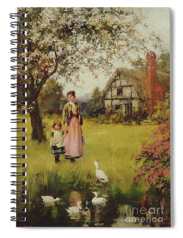 King Spiral Notebook featuring the painting Mother and Child Watching the Ducks by Henry John Yeend King