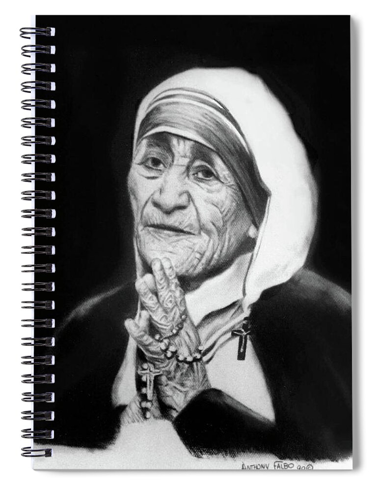 Mother Teresa Spiral Notebook featuring the drawing Mother Teresa by Anthony Falbo