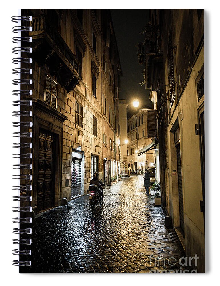 Italy Spiral Notebook featuring the photograph Motorbike in Narrow Street at Night in Rome in Italy by Andreas Berthold