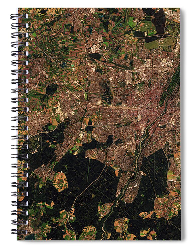 Satellite Image Spiral Notebook featuring the digital art Munich, Germany from space by Christian Pauschert