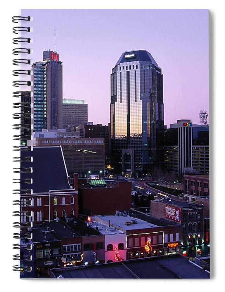 Music Spiral Notebook featuring the photograph Music Row, Ryman Auditorium And Skyline by Barry Winiker