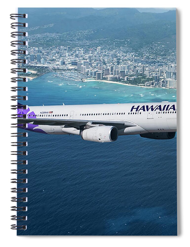 Hawaiian Airlines Spiral Notebook featuring the mixed media My Blue Hawaii Airbus by Erik Simonsen