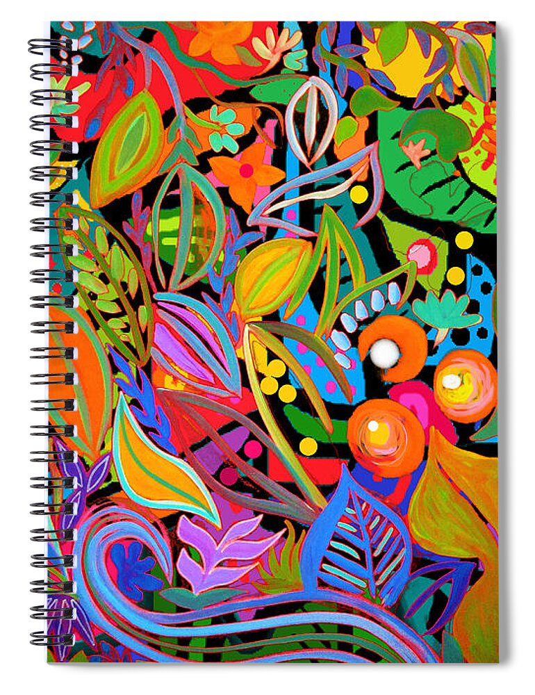 My Love By A Hillman Whimsical Naïve Tropical Jungle Paradise Bright Bold Colors Fruit Leaves Vines Lemons Oranges Papayas Maui Hana Joy Rejoicing You Are My Strength O Lord Yah Yahweh Yeshua Jesus Messiah Savior King Of Kings And Lord Of Lords Alleluia Spiral Notebook featuring the mixed media My Love by A Hillman