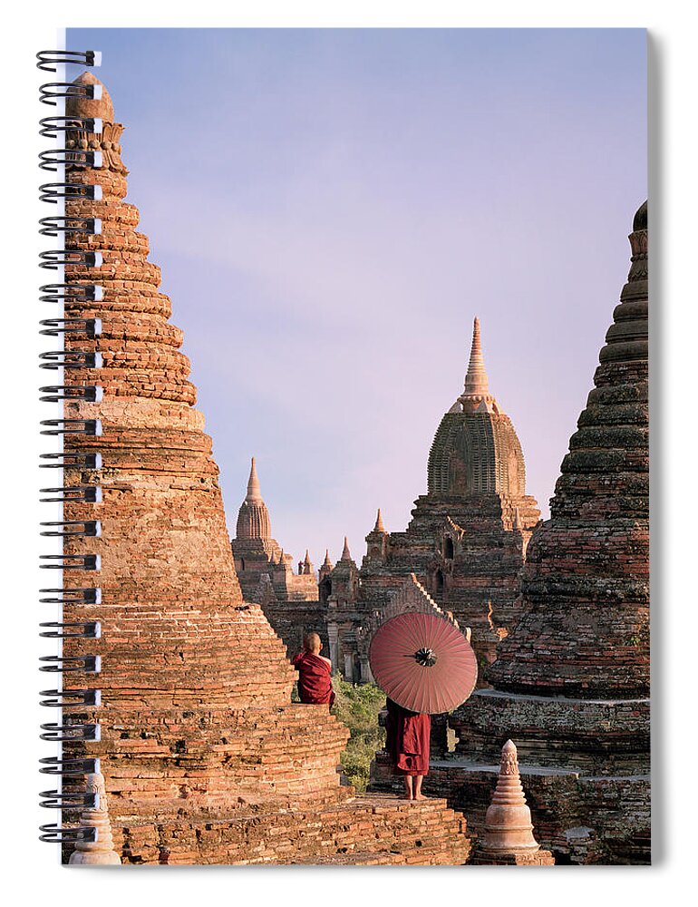 Child Spiral Notebook featuring the photograph Myanmar, Bagan, Buddhist Monks On Temple by Martin Puddy