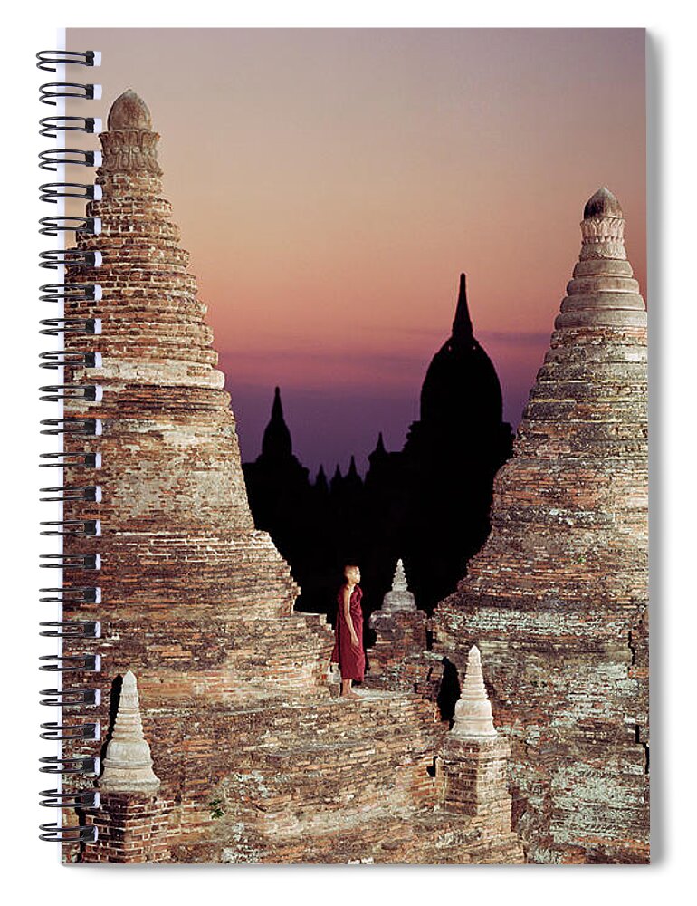Child Spiral Notebook featuring the photograph Myanmar, Bagan,buddhist Monk On Temple by Martin Puddy