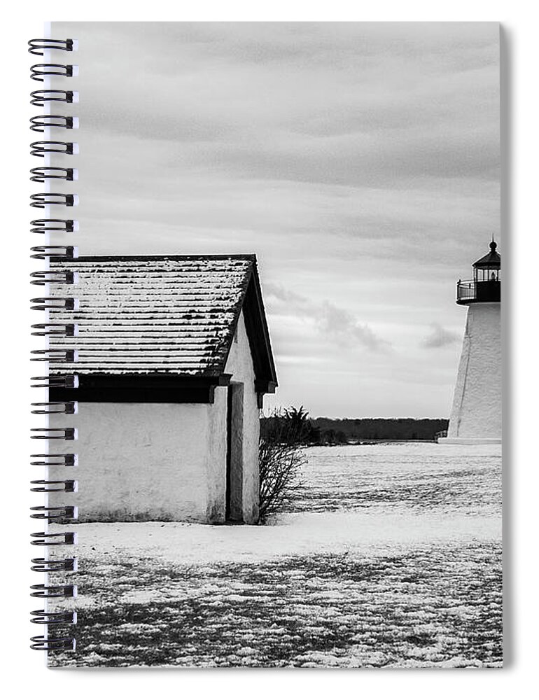 Ned Point Lighthouse Spiral Notebook featuring the photograph Neds Point Lighthouse Mattapoisett MA BW by David Gordon