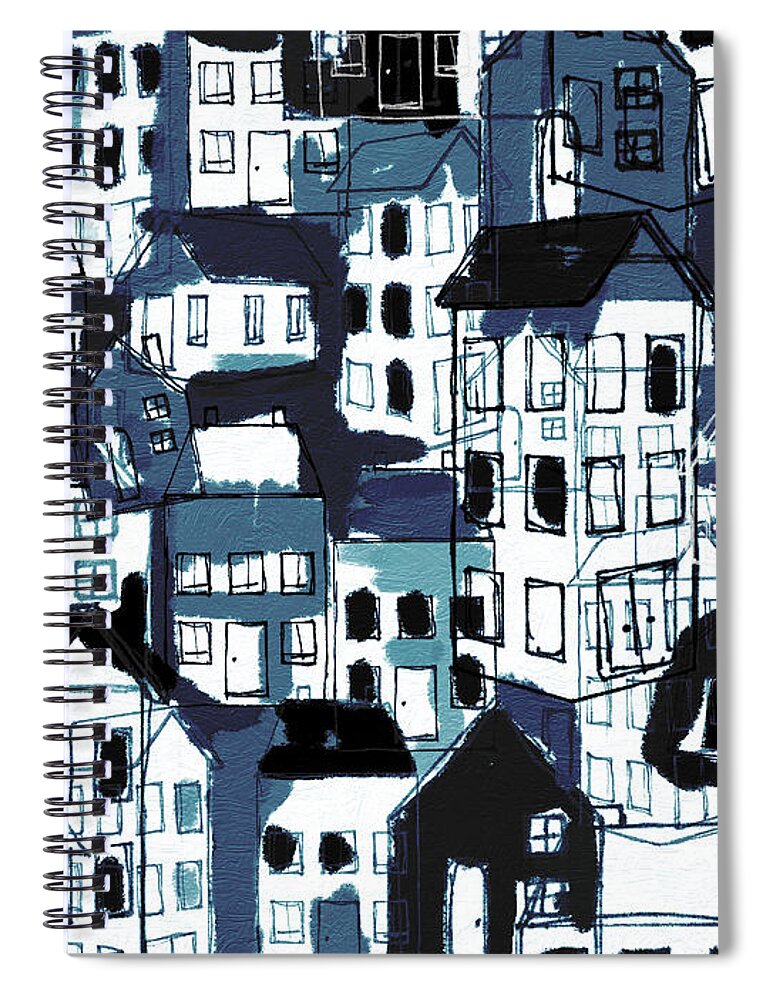 Houses Spiral Notebook featuring the mixed media Neighborhood Blue- Art by Linda Woods by Linda Woods