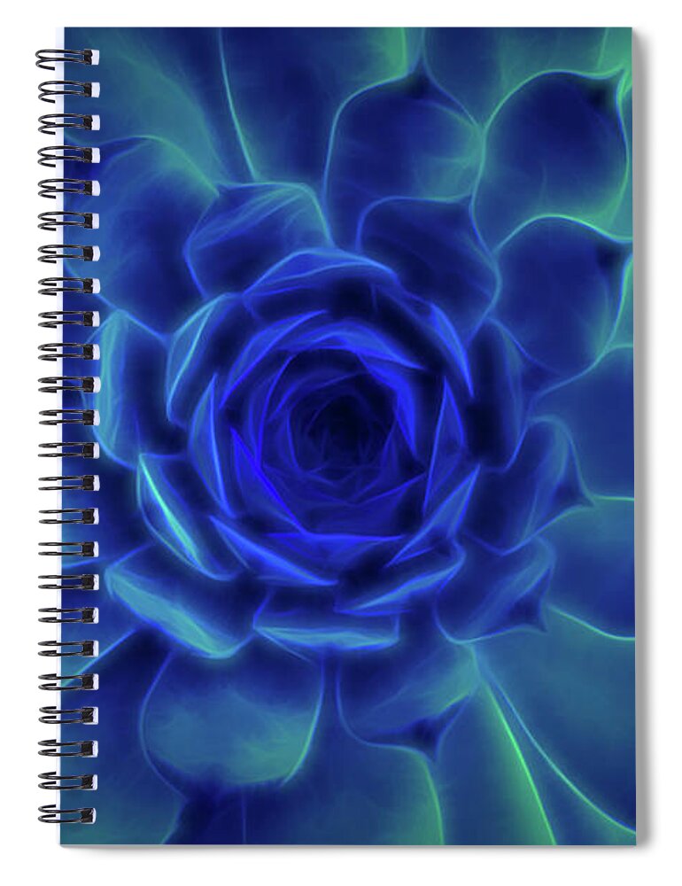 Neon Spiral Notebook featuring the digital art Neon Blue Sempervivum by Scott Lyons