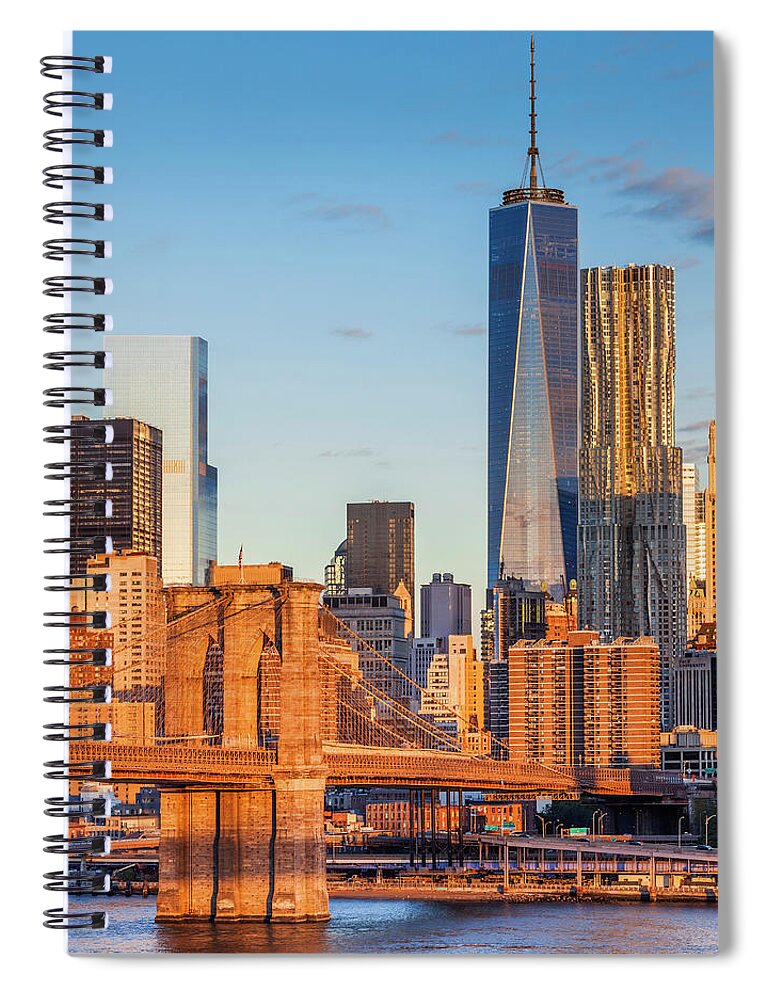 Estock Spiral Notebook featuring the digital art New York City, Manhattan, East River, Lower Manhattan, Brooklyn Bridge, Brooklyn Bridge And Lower Manhattan Skyline At Dawn With The Freedom Tower, Beekman Tower And Trump Building by Antonino Bartuccio