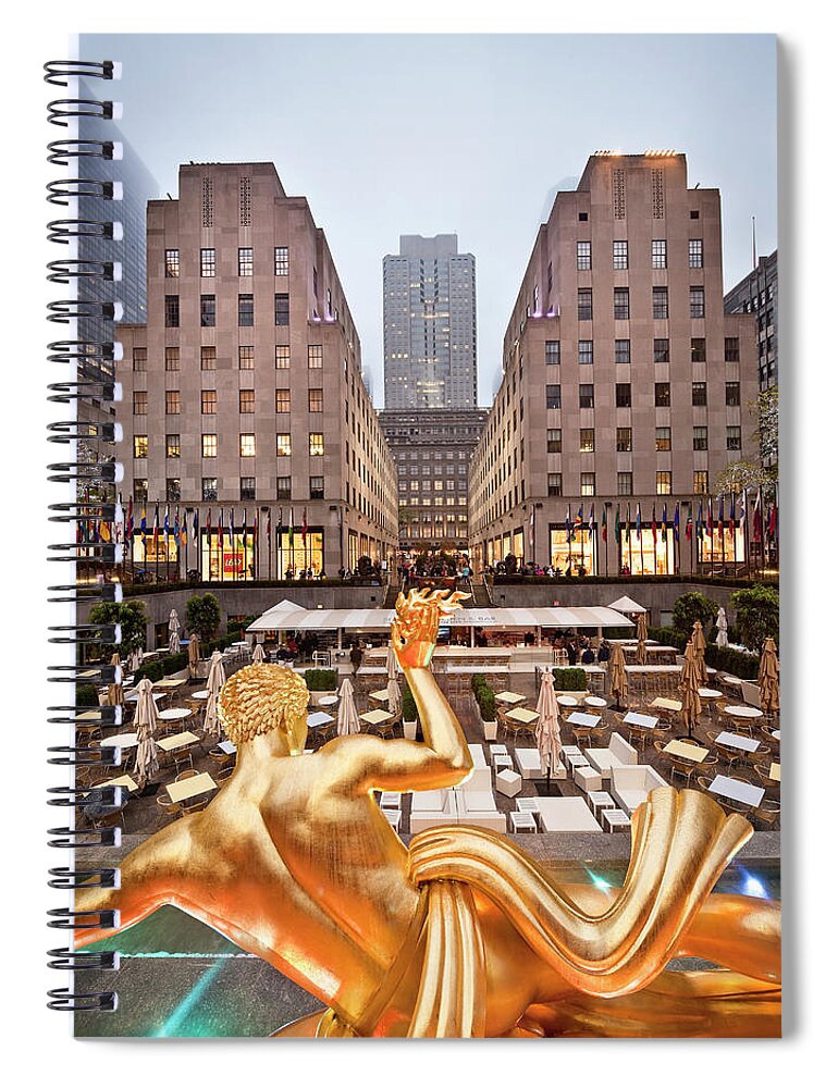 Estock Spiral Notebook featuring the digital art New York City, Manhattan, Midtown, Rockefeller Center, Prometheus Statue Facing The Rink Cafe by Luigi Vaccarella