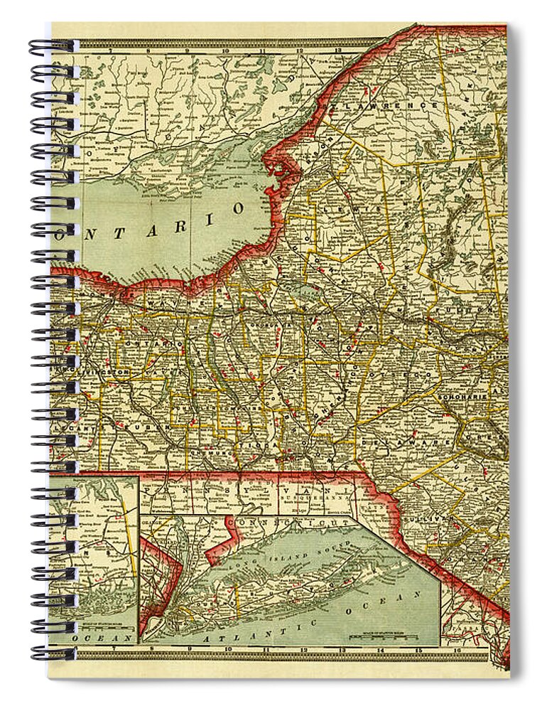 White Background Spiral Notebook featuring the digital art New York State Old Map by Nicoolay