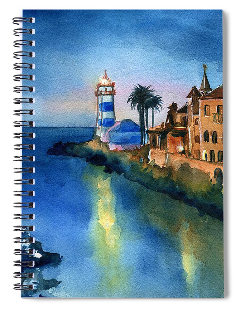 Portugal Spiral Notebook featuring the painting Nightfall in Cascais Portugal by Dora Hathazi Mendes