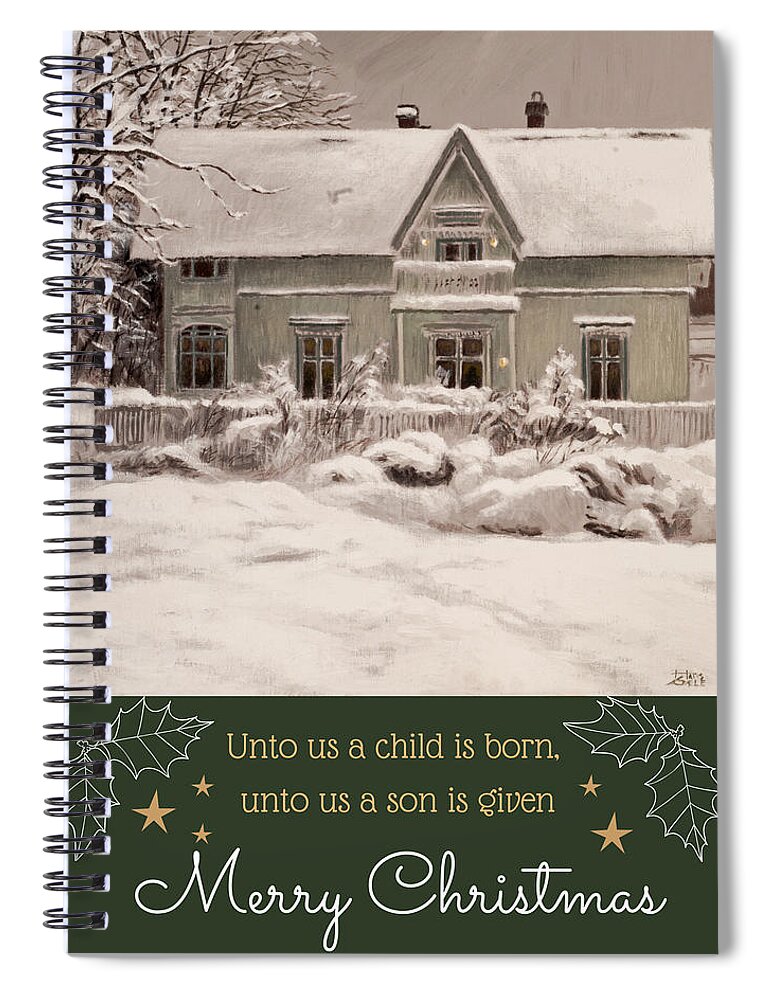 Christmas Card Spiral Notebook featuring the painting Nordic Town Houses - House of the Undertaker - Christmas card version by Hans Egil Saele