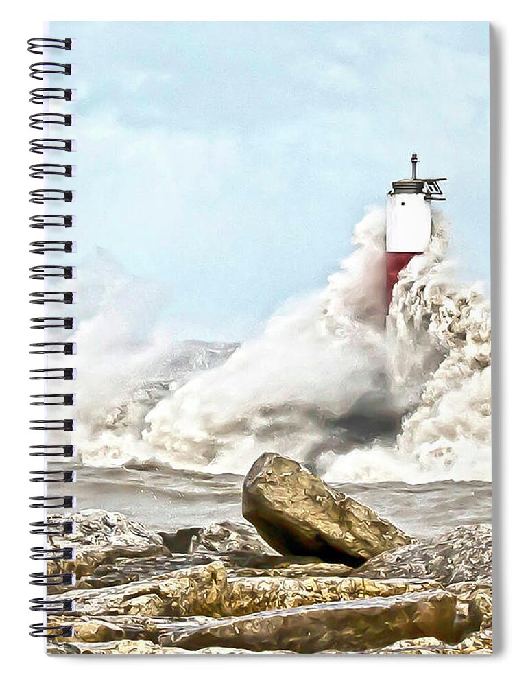 Lighthouse Art Spiral Notebook featuring the photograph November Fury by Billy Knight