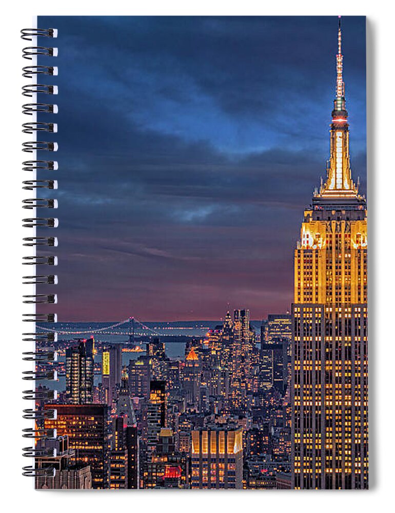 New York City Spiral Notebook featuring the photograph NYC ESB WTC Golden Hour by Susan Candelario
