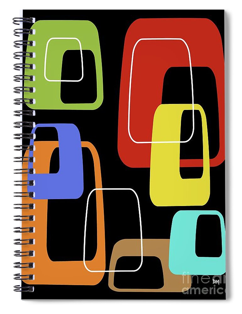 Mid Century Modern Spiral Notebook featuring the digital art Oblongs on Black 3 by Donna Mibus