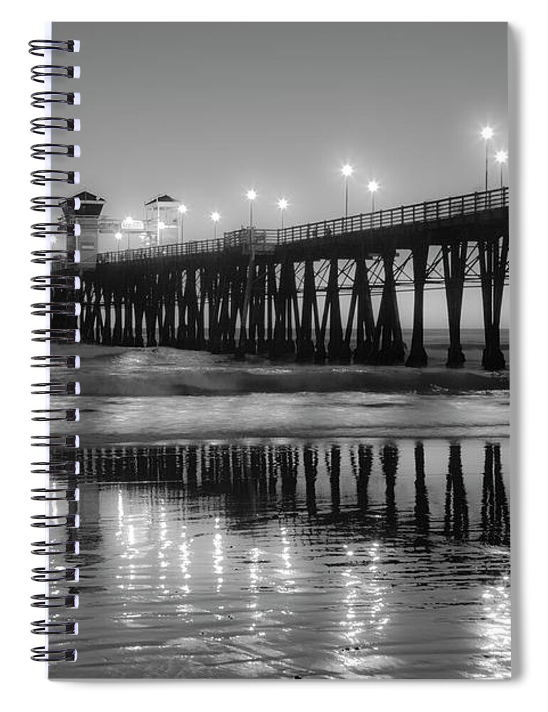 Oceanside Pier Spiral Notebook featuring the photograph Oceanside California Pier Night Lights Black and White by Catherine Walters