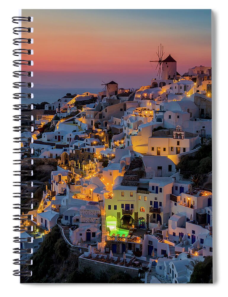 Environmental Conservation Spiral Notebook featuring the photograph Oia Colorfull Night by George Papapostolou Photographer