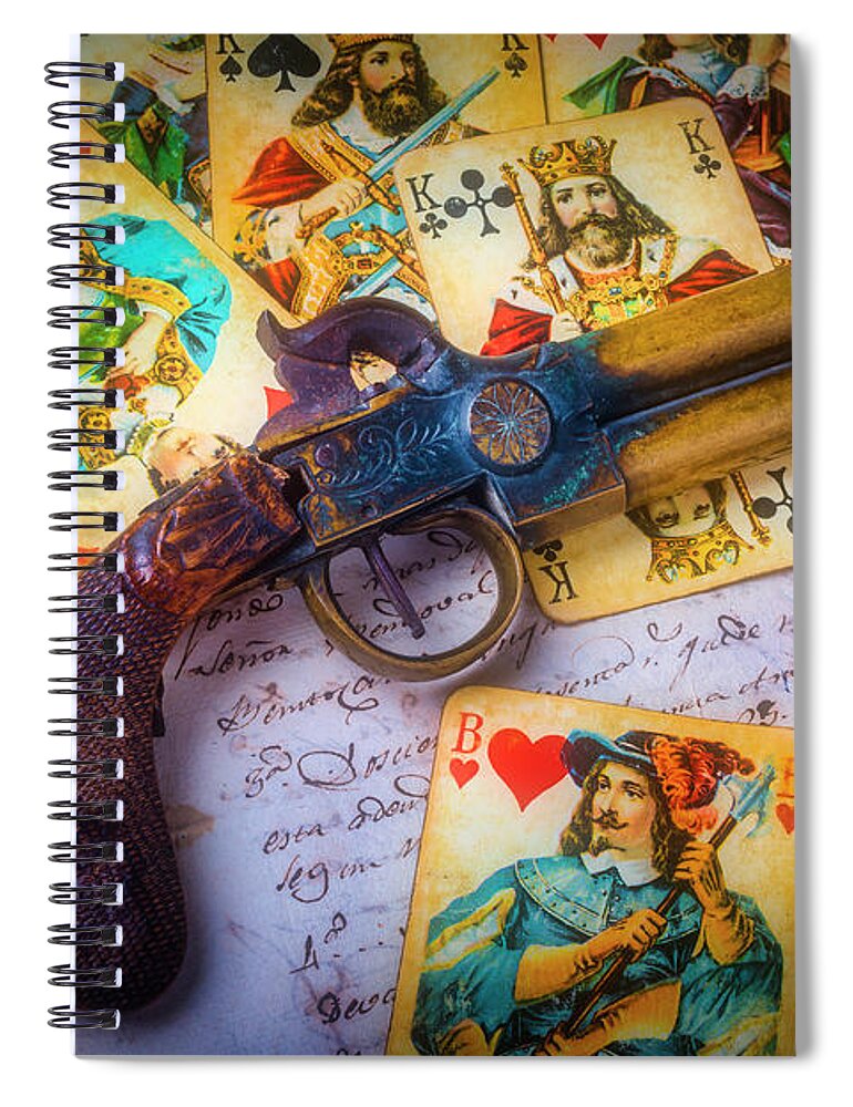Old Spiral Notebook featuring the photograph Old Pistole And Playing Cards by Garry Gay
