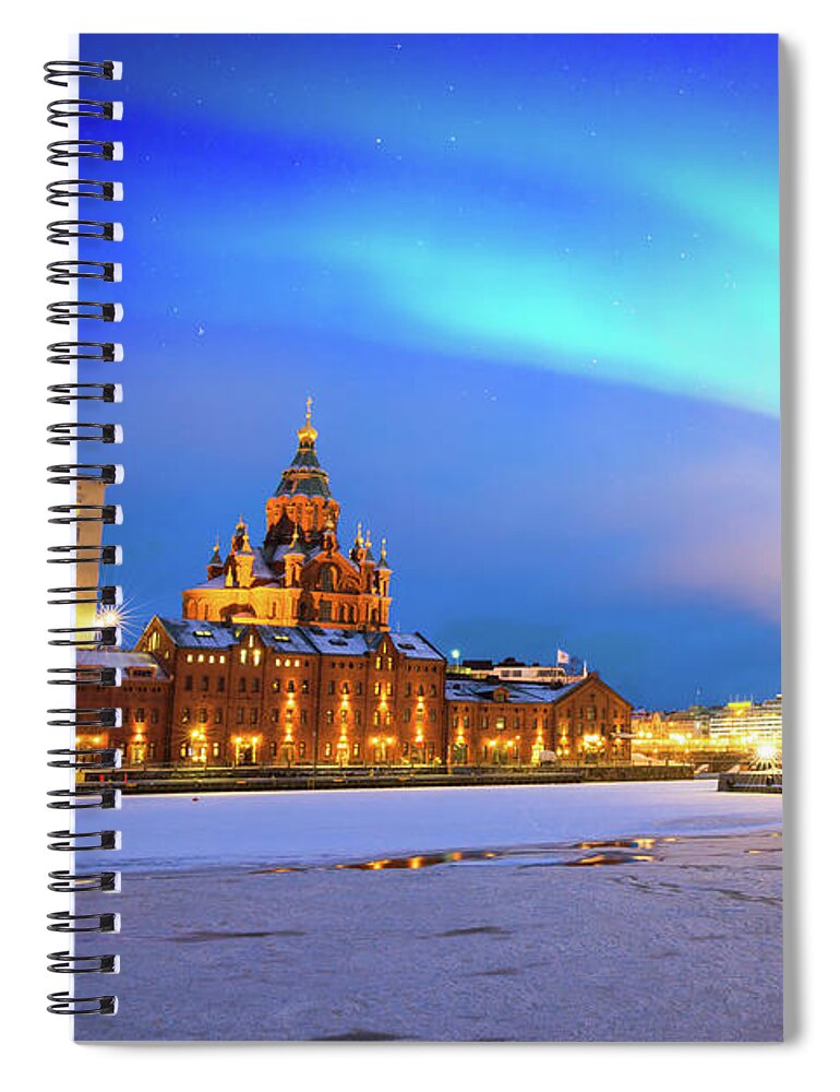Helsinki Spiral Notebook featuring the photograph Old port and cathedral of Helsinki by Delphimages Photo Creations