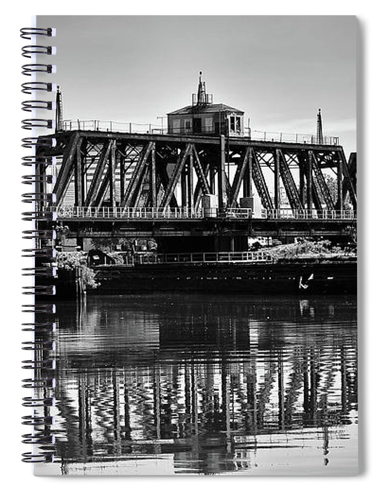 B&w Spiral Notebook featuring the photograph Old Railroad Swing Bridge by Louis Dallara