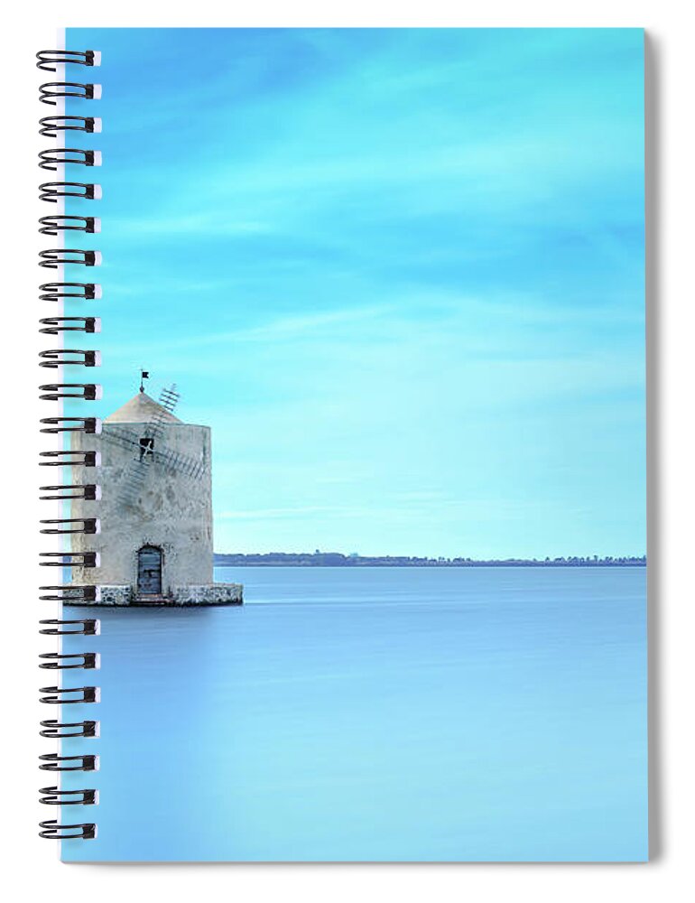 Orbetello Spiral Notebook featuring the photograph Old spanish windmill in a blue lagoon. Orbetello, Argentario, Italy. by Stefano Orazzini