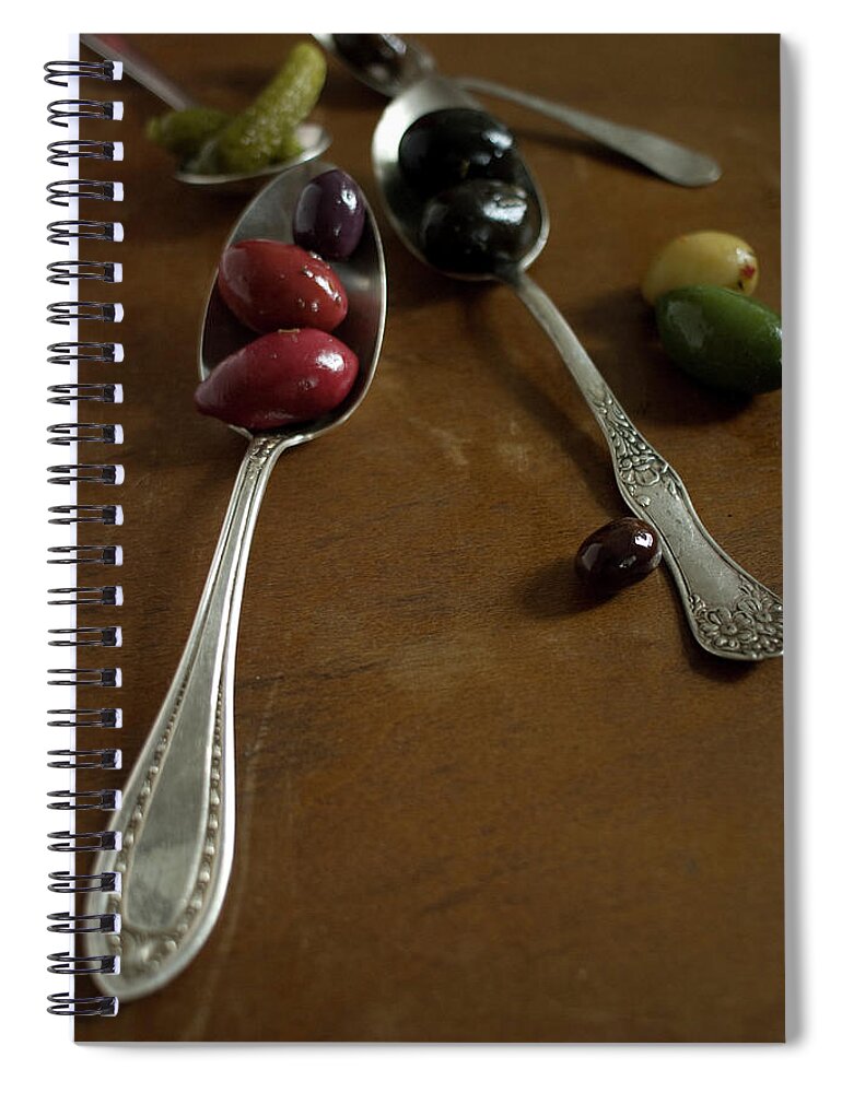 Spoon Spiral Notebook featuring the photograph Olives And Spoons by Melina Hammer